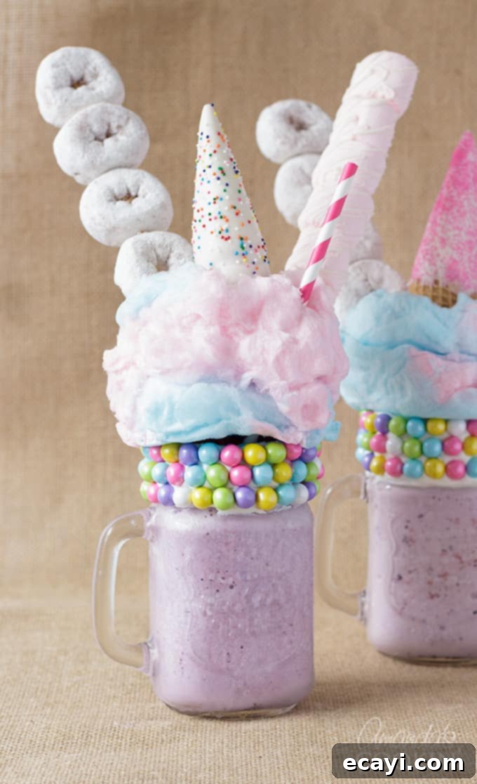 Whimsical Unicorn Freakshakes 2 two purple milkshakes with donuts and marshmallows