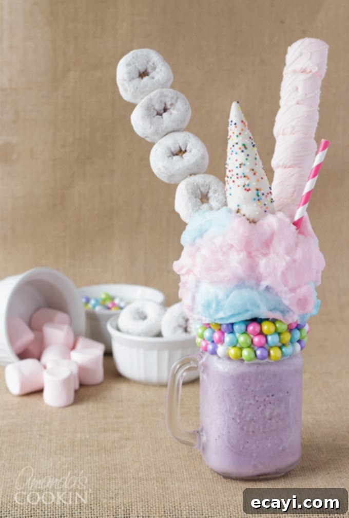 Whimsical Unicorn Freakshakes 3 purple milkshake with donuts and marshmallows