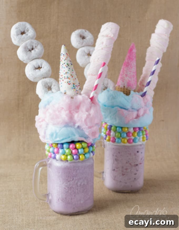 Whimsical Unicorn Freakshakes 4 two purple milkshakes with donuts and marshmallows