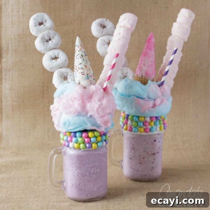 Whimsical Unicorn Freakshakes 10 two purple milkshakes with donuts and marshmallows