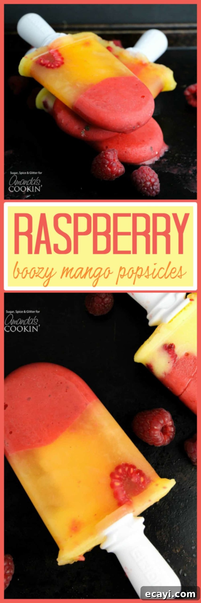 Refreshing Raspberry Mango Popsicles 7 pinterest image with text: Boozy Raspberry Mango Popsicles. The perfect adult summer treat!