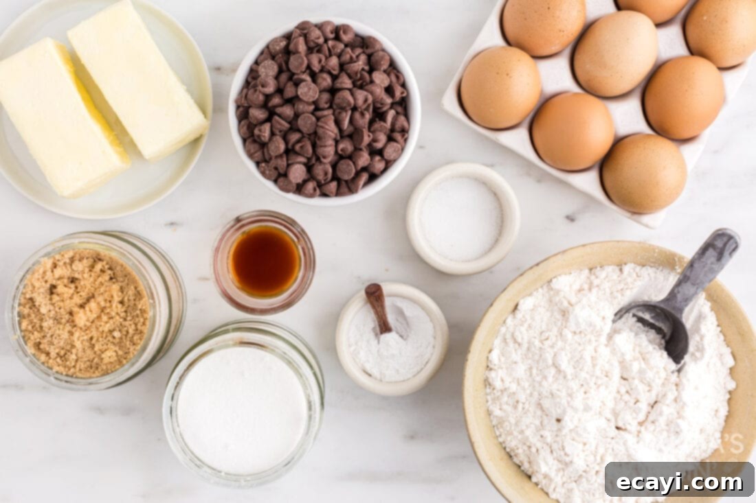 Decadent Skillet Chocolate Chip Cookie 4 All ingredients for a chocolate chip cookie skillet laid out: butter, sugars, eggs, vanilla, flour, salt, baking soda, chocolate chips