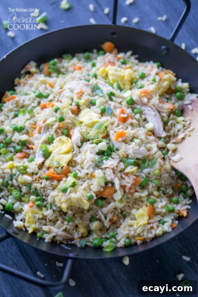 Chicken Fried Rice: every kitchen needs this go-to recipe for simple, delicious chicken fried rice! Whip up this one-skillet meal in 30-minutes! #chicken #friedrice #dinner #chickenfriedrice #homemade #stirfry #stovetopmeals #oneskillet #easydinner #skilletrecipes #onepan #leftovers spoonful of chicken fried rice