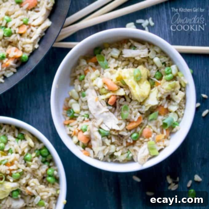 Chicken Fried Rice: every kitchen needs this go-to recipe for simple, delicious chicken fried rice! Whip up this one-skillet meal in 30-minutes! #chicken #friedrice #dinner #chickenfriedrice #homemade #stirfry #stovetopmeals #oneskillet #easydinner #skilletrecipes #onepan #leftovers A bowl filled with Chicken and Rice