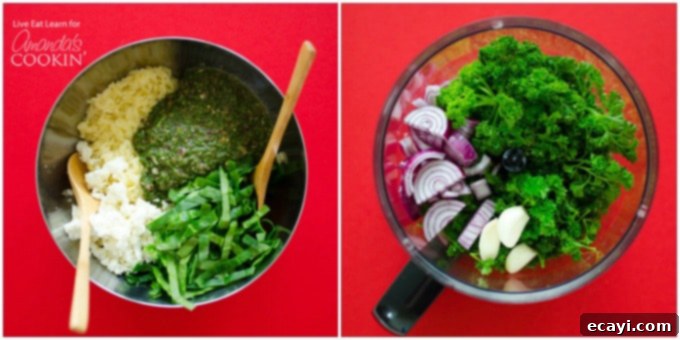 Vibrant Chimichurri Orzo Salad 3 Step-by-step process of making the easy Orzo Salad, showing ingredients and mixing stages.