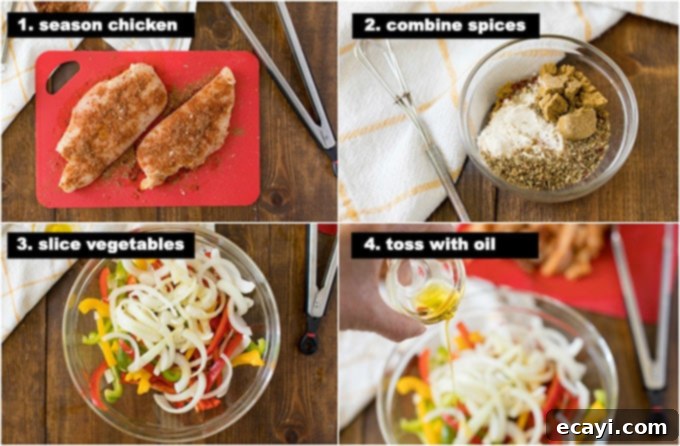 One-Pan Chicken Fajitas 5 Step-by-step photos of preparing chicken fajitas: seasoning chicken, tossing vegetables, and spreading on a sheet pan