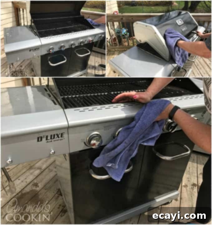 Get ready for grilling season with this step by step photo guide on how to clean your gas grill. Easy instructions that will have you grilling in no time! #cleaningyourgrill #howtocleangasgrill #gasgrill #grilling #clean #howtoclean #laborday #memorialday #barbecues #summer #amandascookin Wipe down all outside surfaces with a towel.