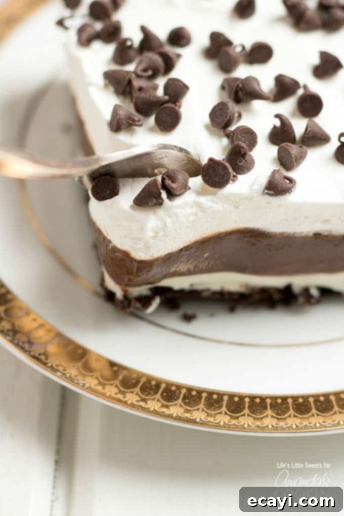 This Mocha Lush recipe is a light, airy and cool dessert that serves up delicious, chocolatey, mocha flavor. One-pan Mocha Lush is perfect for potlucks! #mochalush #lushdesserts #onepandesserts #nobakedesserts #onepan #nobake #chocolatedesserts #puddingdesserts  Taking a forkful of Mocha Lush dessert, showing off its creamy layers