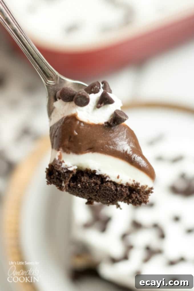 This Mocha Lush recipe is a light, airy and cool dessert that serves up delicious, chocolatey, mocha flavor. One-pan Mocha Lush is perfect for potlucks! #mochalush #lushdesserts #onepandesserts #nobakedesserts #onepan #nobake #chocolatedesserts #puddingdesserts  spoonful of chocolate dessert, showcasing the creamy mocha pudding and whipped topping