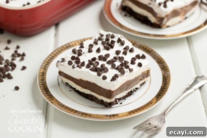 This Mocha Lush recipe is a light, airy and cool dessert that serves up delicious, chocolatey, mocha flavor. One-pan Mocha Lush is perfect for potlucks! mocha lush slice on a plate, showcasing all the delicious layers