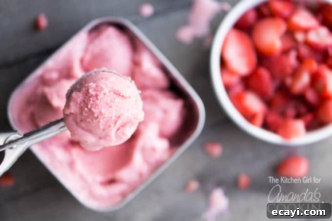 Strawberry Frozen Yogurt might just become your new favorite summer recipe! It’s so easy, light, and delicious, you’ll wonder why you never made it before! A single scoop of strawberry frozen yogurt in a bowl