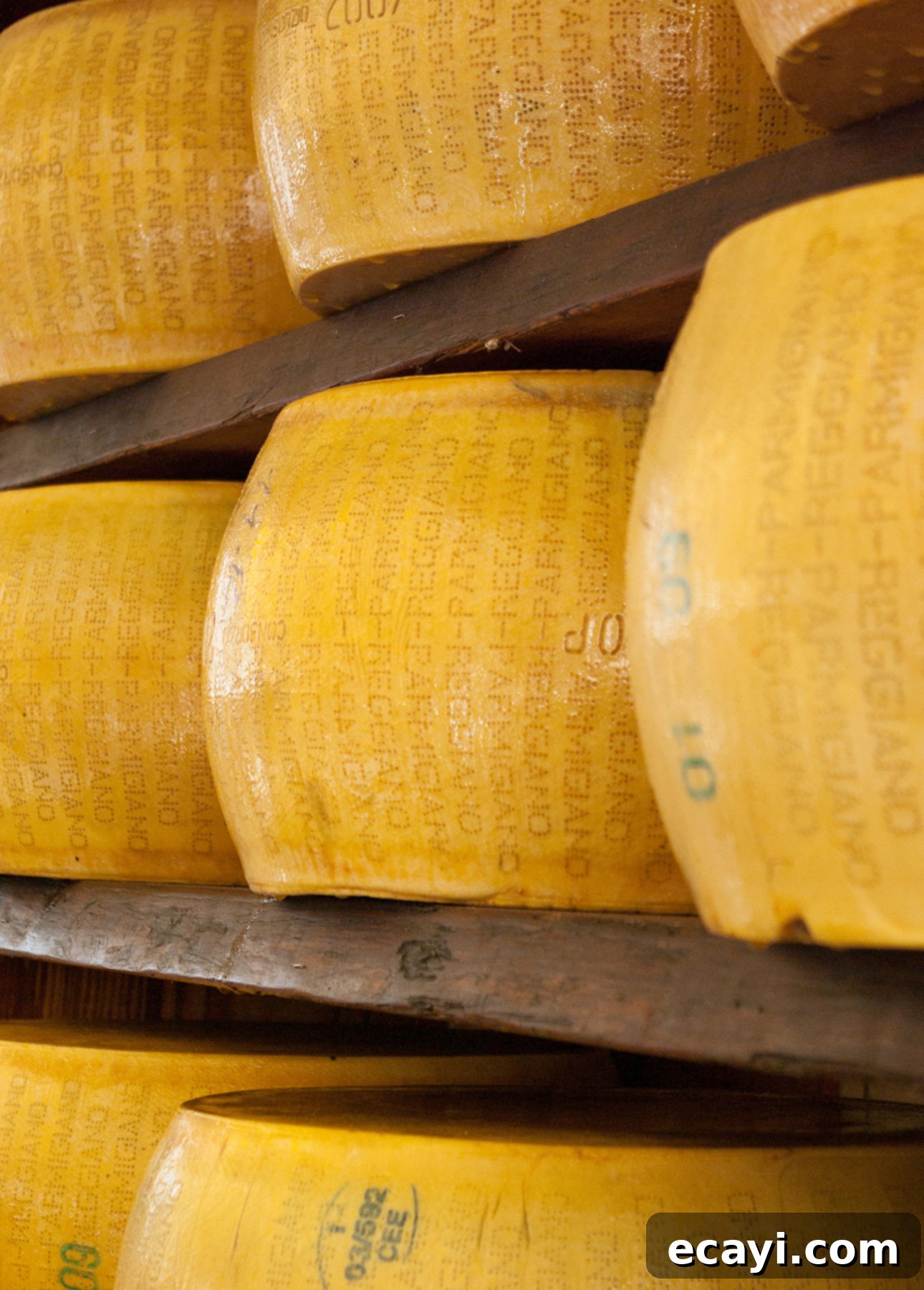 Creamy Lemon Asparagus Risotto 5 Large wheels of authentic Parmigiano Reggiano cheese with a yellow rind are stacked on wooden shelves in Parma, Italy. // FoodNouveau.com