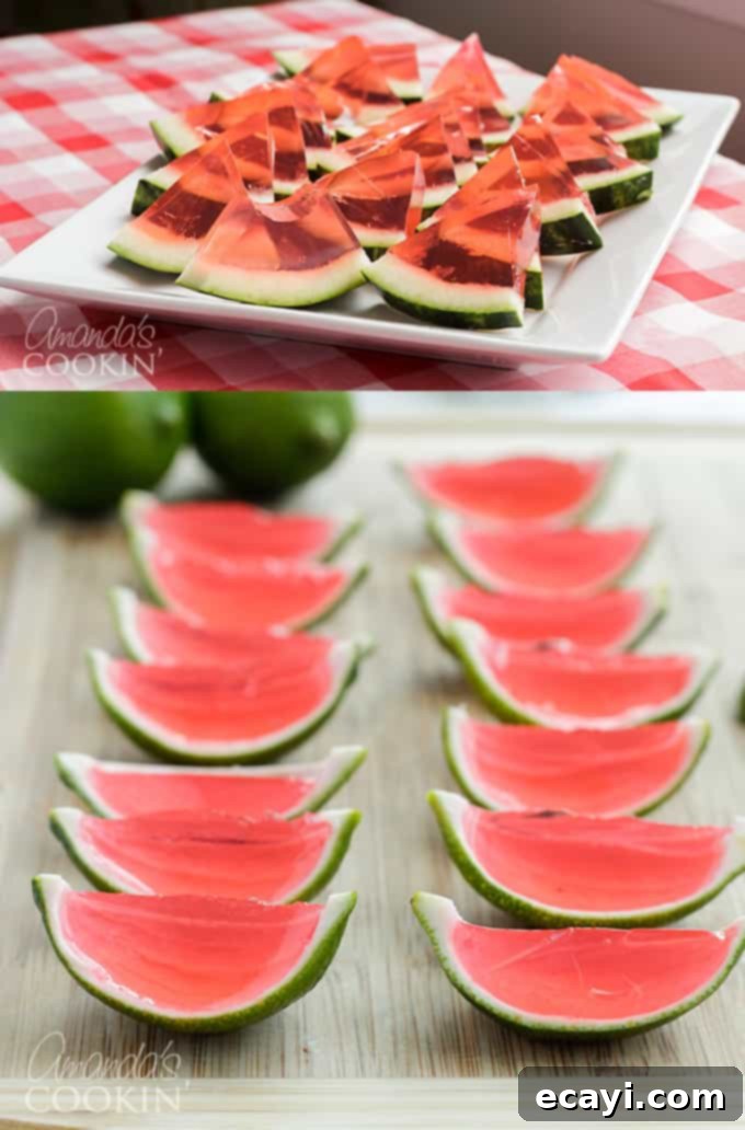 These Watermelon Jello Shots are a party favorite! Jello shots are perfect to bring to BBQ's, potlucks, camping or any type of gathering. watermelon jello shots in lime rinds and watermelon rinds
