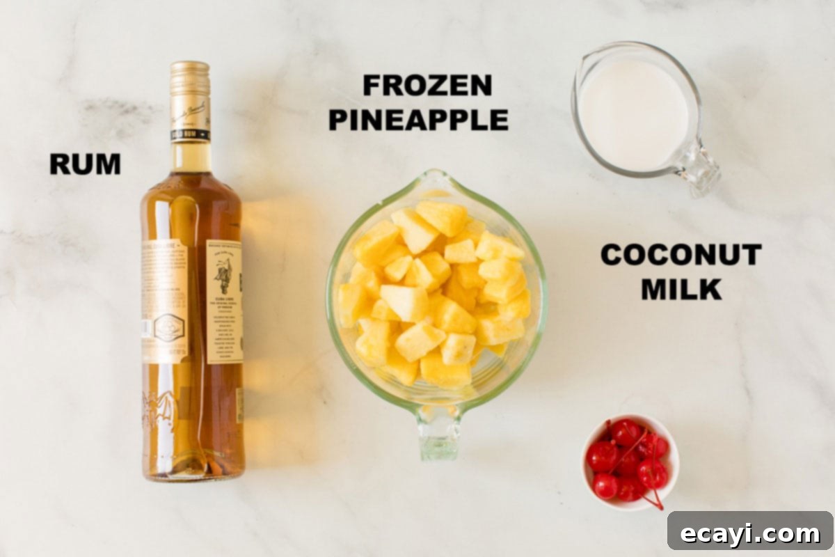 Tropical Rum Slushy 2 Labeled ingredients including frozen pineapple, coconut milk, and rum for a tropical slush
