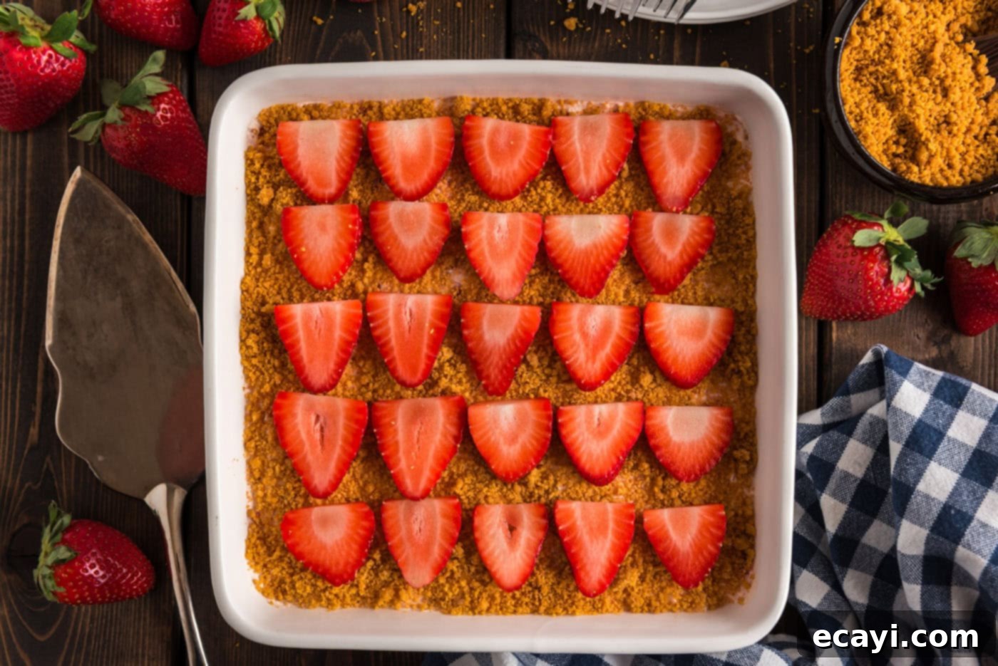 Blush Berry Bliss 12 Overhead view of the finished Strawberry Dream Dessert, garnished with extra graham cracker crumbs and fresh sliced strawberries.