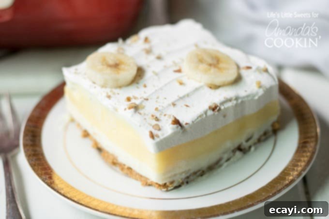 A cross-section revealing the delicious layers of Banana Cream Lush. A perfectly portioned slice of Banana Cream Lush