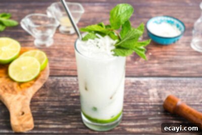 Island Coconut Dream 15 glass of coconut rum mojito garnished with mint and coconut flakes