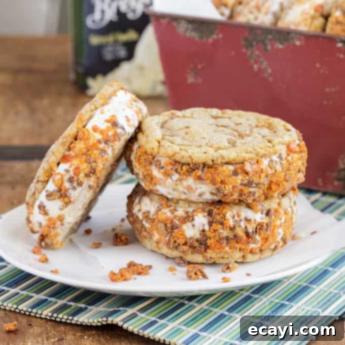 Butterfinger Crunch Ice Cream Sandwiches 3 butterfinger ice cream sandwiches on a plate