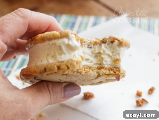 Butterfinger Crunch Ice Cream Sandwiches 5 butterfinger ice cream sandwich with a bite out of it