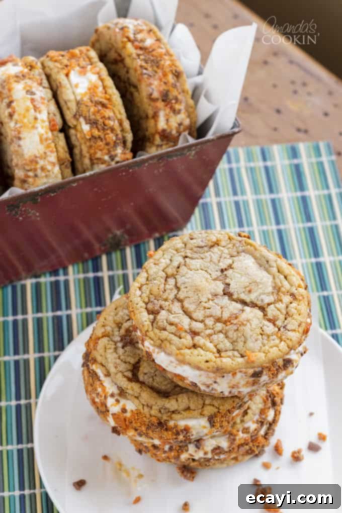 Butterfinger Crunch Ice Cream Sandwiches 6 butterfinger ice cream sandwiches on a plate