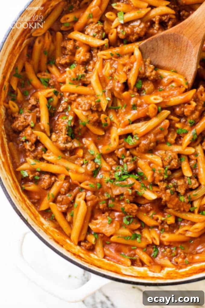 A twist on a classic, this one pot sloppy joe pasta is easy to make and has everything you love about sloppy joes with no hamburger buns required. #sloppyjoe #pastarecipes #comfortfood #onepotmeals One pot sloppy joe pasta overhead shot