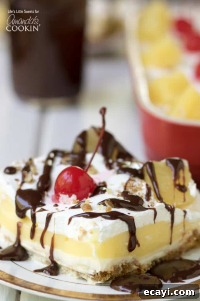 Decadent Banana Split Treat 2 Banana Split Dessert Recipe - A vibrant, layered dessert with banana, cream, and cherry toppings