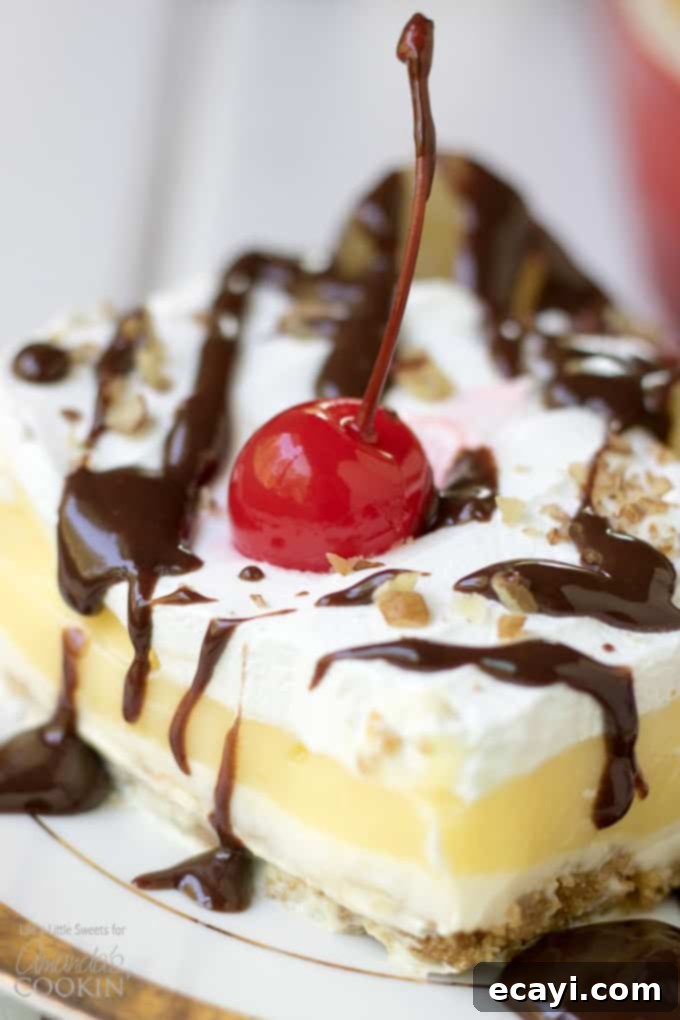Decadent Banana Split Treat 7 You're going to love this banana split dessert! - A close-up, tempting view of the finished dessert