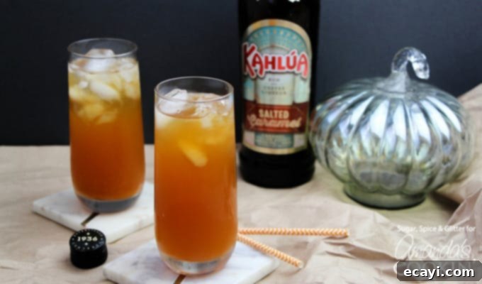 This Caramel Pumpkin Cocktail is a delicious way to enjoy all of your favorite fall flavors like caramel and pumpkin, in one icy cocktail! #fallcocktails #pumpkincocktail #pumpkindrinks #cocktails #applecidercocktails #falldrinks #kahluadrinks #saltedcaramel #kahlua Caramel Pumpkin Cocktails