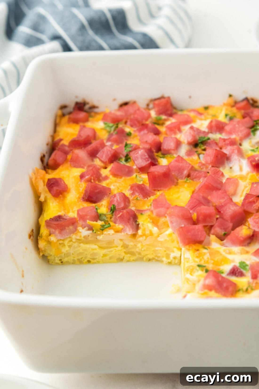Savory Ham and Cheese Morning Bake 10 Close-up of a pan of baked Breakfast casserole