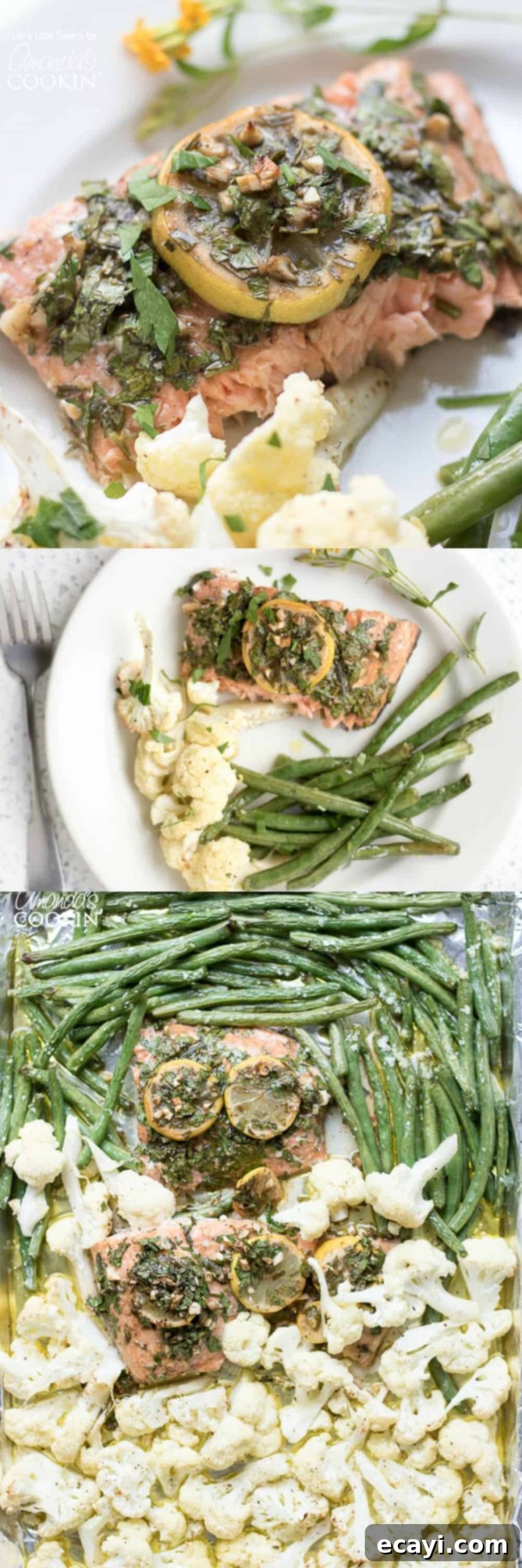 This 30-minute Sheet Pan Salmon Dinner with lemon and tarragon is served with savory roasted green beans and cauliflower – a healthy and delicious meal! A high-angle shot of the complete sheet pan salmon dinner, showcasing perfectly cooked salmon, vibrant roasted green beans, and tender cauliflower, all ready for serving.