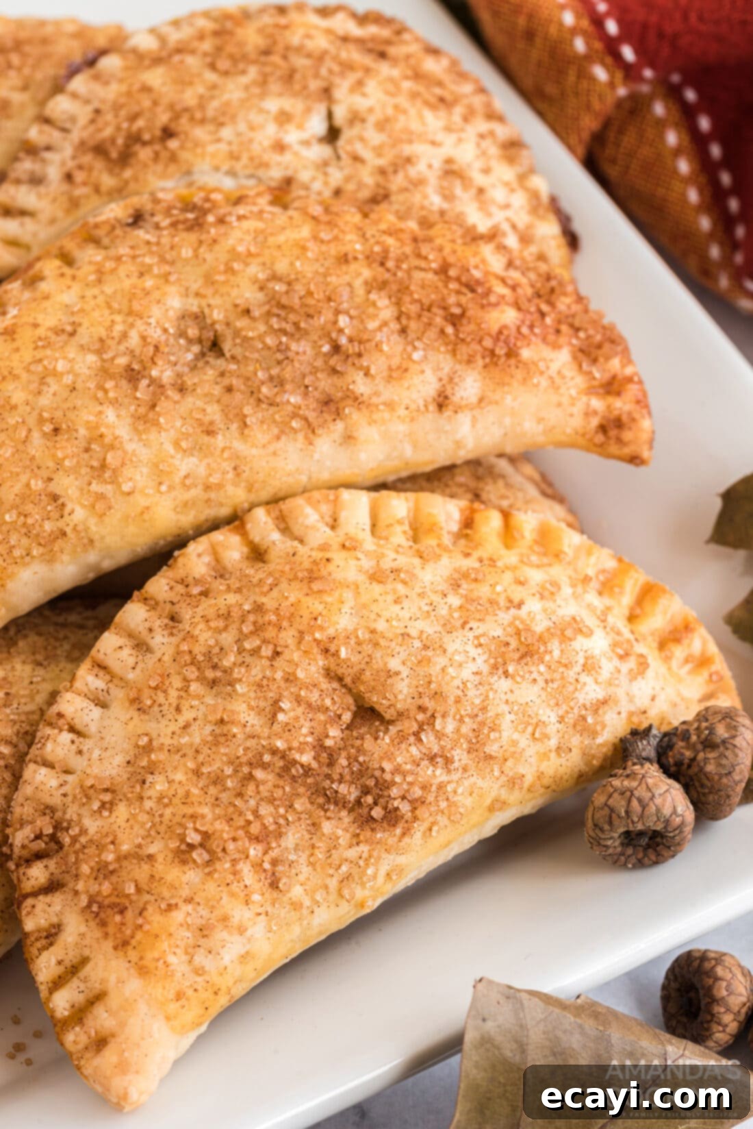 Flaky Pumpkin Turnovers 2 Pumpkin Hand Pies on a white plate, showcasing their golden crust and perfect individual size