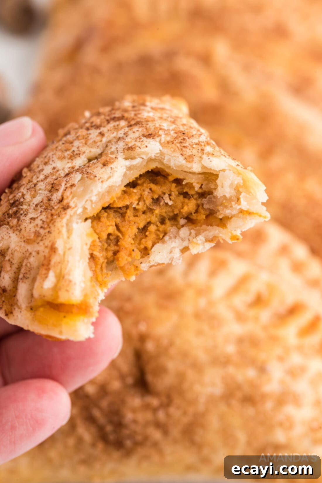 Flaky Pumpkin Turnovers 3 A golden brown Pumpkin Hand Pie with a bite taken out, revealing the creamy pumpkin filling