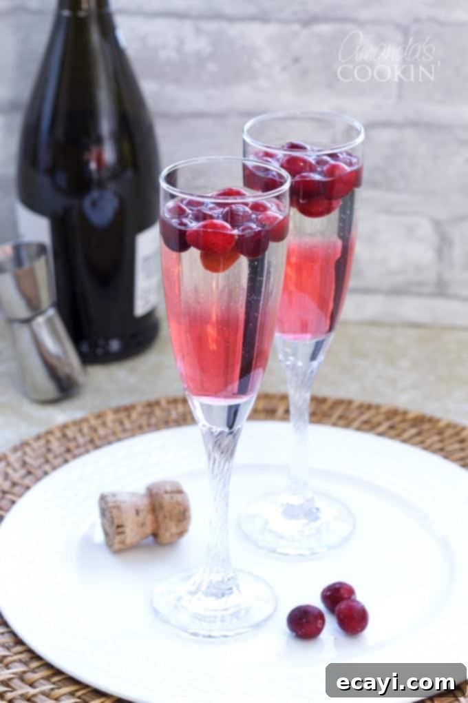 This Cranberry Prosecco Punch is great for Thanksgiving or Christmas morning, for your New Year's eve celebration, or enjoy on a crisp evening around a campfire with friends. #cranberry #prosecco #alcoholicdrinks #cocktails #partydrinks #falldrinks #christmascocktails #newyearsdrinks #newyearsevedrinks cranberry prosecco punch in two champagne flutes, garnished with fresh cranberries and orange slices