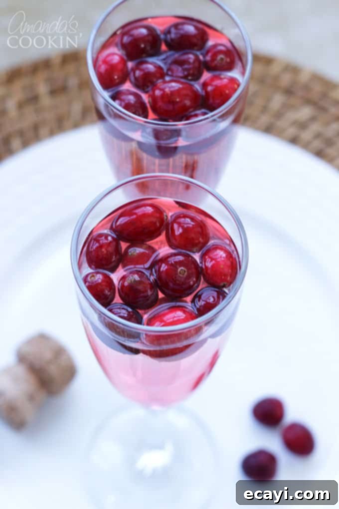 This Cranberry Prosecco Punch is great for Thanksgiving or Christmas morning, for your New Year's eve celebration, or enjoy on a crisp evening around a campfire with friends. #cranberry #prosecco #alcoholicdrinks #cocktails #partydrinks #falldrinks #christmascocktails #newyearsdrinks #newyearsevedrinks a single champagne flute with cranberry prosecco punch, garnished with fresh cranberries