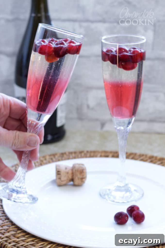 This Cranberry Prosecco Punch is great for Thanksgiving or Christmas morning, for your New Year's eve celebration, or enjoy on a crisp evening around a campfire with friends. #cranberry #prosecco #alcoholicdrinks #cocktails #partydrinks #falldrinks #christmascocktails #newyearsdrinks #newyearsevedrinks two champagne flutes clinking together with cranberry prosecco punch