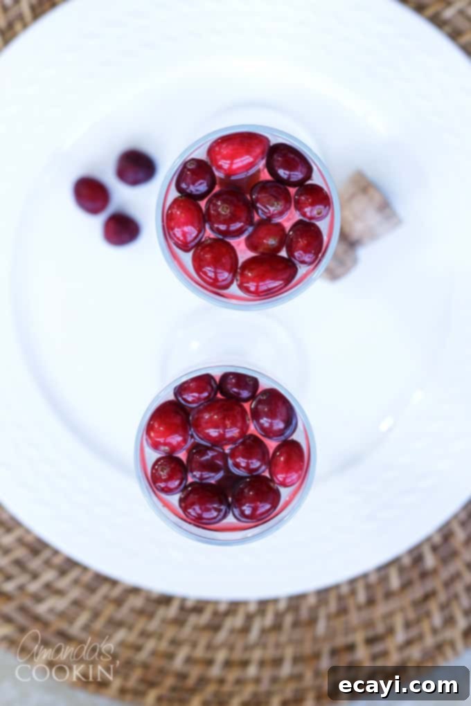 This Cranberry Prosecco Punch is great for Thanksgiving or Christmas morning, for your New Year's eve celebration, or enjoy on a crisp evening around a campfire with friends. #cranberry #prosecco #alcoholicdrinks #cocktails #partydrinks #falldrinks #christmascocktails #newyearsdrinks #newyearsevedrinks overhead shot of two glasses of cranberry prosecco punch with frozen cranberries and orange slices