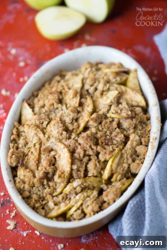 A fall dessert like no other, apple crisp! A golden brown apple crisp, freshly baked and ready to serve.
