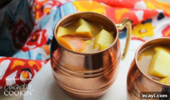 This Crockpot Caramel Apple Cider is the perfect warm drink to serve to a crowd this fall - and with no caffeine, kids can enjoy this delicious treat, too! Crockpot Caramel Apple Cider in cup with apples