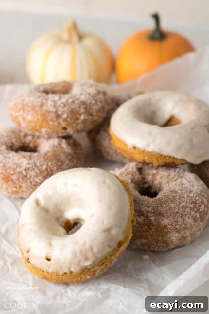These Baked Pumpkin Spice Donuts are a delicious treat for breakfast OR dessert! Enjoy the #pumpkinspice #donuts #donutrecipe #howtomakedonuts #pumpkinspicerecipes #cakedonuts #pumpkindonuts #mapleglaze A stack of golden pumpkin spice donuts, some with a maple glaze and others with a sugar coating, against a rustic background, highlighting their delicious texture and inviting autumnal appeal.