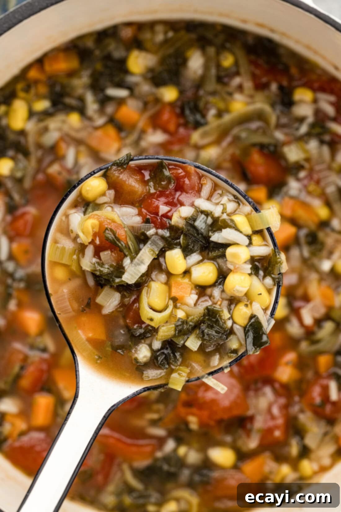 Hearty Veggie Rice Soup 3 Ladle of Vegetable Rice Soup held over a pot of Vegetable Rice Soup, showing the rich texture and colorful ingredients