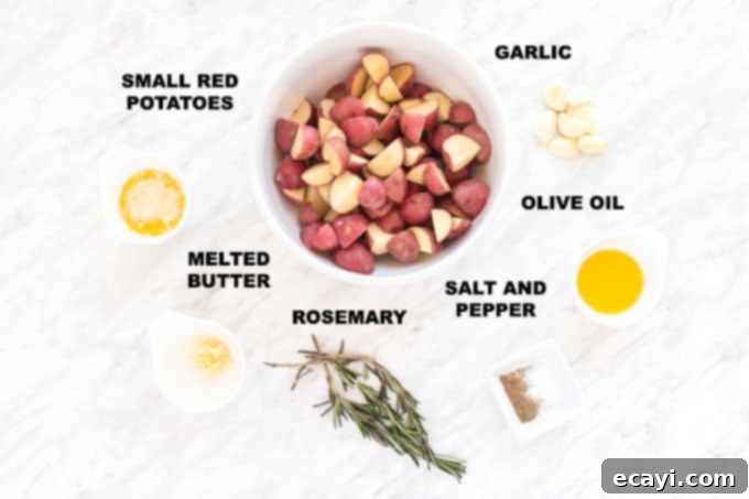 Aromatic Rosemary Garlic Potatoes 2 ingredients for roasted potatoes: red potatoes, garlic, butter, olive oil, rosemary, salt, and pepper