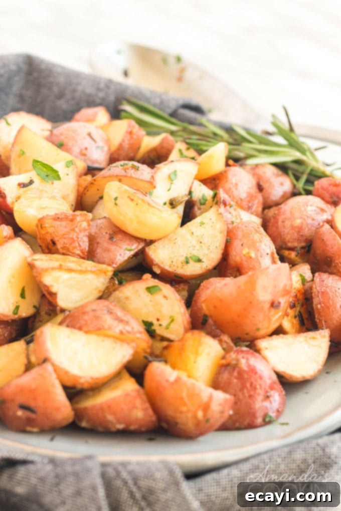 These golden roasted potatoes make the perfect Thanksgiving side dish. These potatoes are perfectly seasoned with rosemary and garlic! #thanksgiving #easter #holidaysides #holidaydish #easterdinner #dinnersides #sidedish #potatoes #garlic #christmasdinner dish of roasted potatoes garnished with rosemary