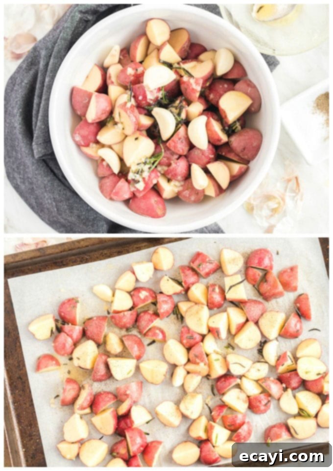 Aromatic Rosemary Garlic Potatoes 4 fig. 1 - potato mixture in a bowl; fig. 2 - potatoes on baking pan