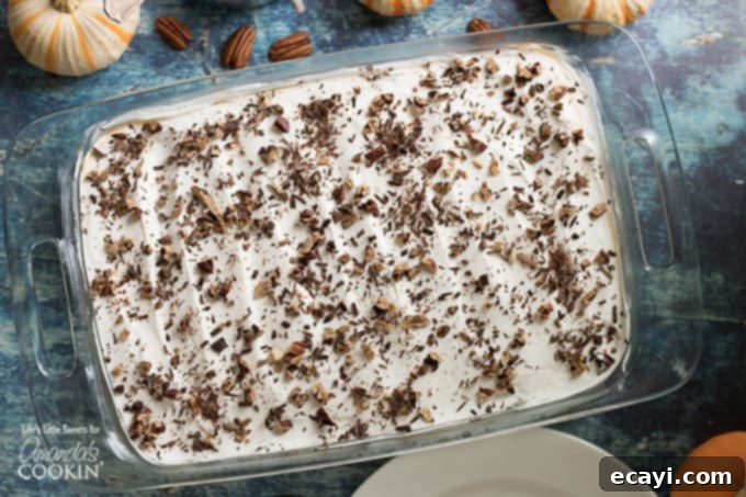This Pumpkin Lasagna has a graham cracker crust, a sweet cream cheese layer, pumpkin spice Jello pudding, Cool Whip and topped with pecans. Delicious pumpkin lasagna