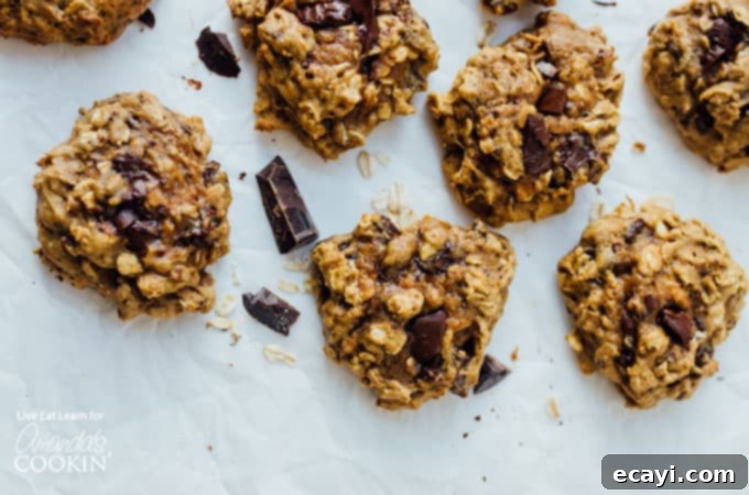 These Sweet Potato Oat Cookies are chocolatey, moist, and oaty, making them perfect for your holiday cookie exchange this year. #oats #cookies #cookierecipes #sweetpotato #chocolate #healthy Sweet potato oat cookies on baking sheet