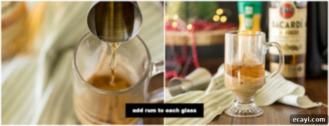Warm Spiced Buttered Dream 4 adding rum to a clear mug