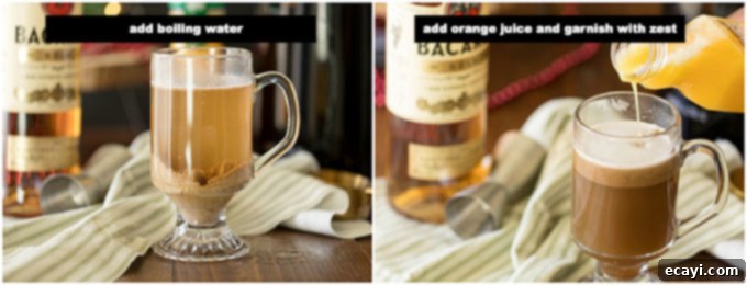 Warm Spiced Buttered Dream 5 adding boiling water and orange juice to hot buttered rum