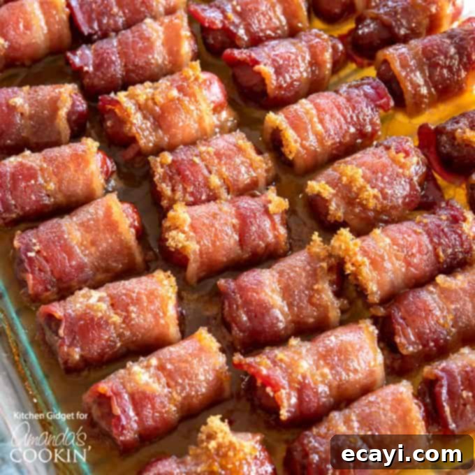 Thirty Irresistible Appetizer Recipes 9 bacon wrapped smokies in a pan