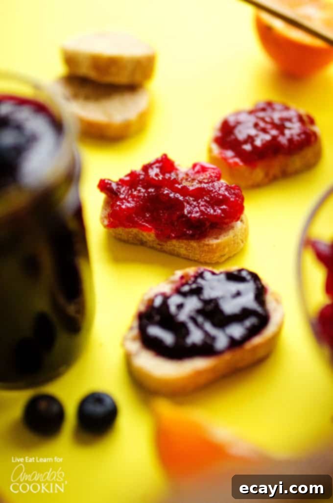 Easy Homemade Berry Jam: Strawberry, Blueberry, and Cranberry flavors without pectin. Vibrant jars of homemade berry jam, showcasing fresh strawberries, blueberries, and cranberries, ready to be enjoyed.