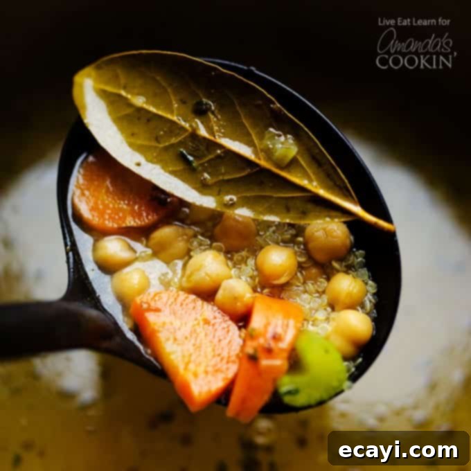 A nourishing spoonful of healthy vegetable soup with quinoa and chickpeas. #chickpeas #soup #healthy #vegetarian #vegetariansoup #souprecipes #winterrecipes #vegetablesoup ladel of vegetable soup served into a bowl